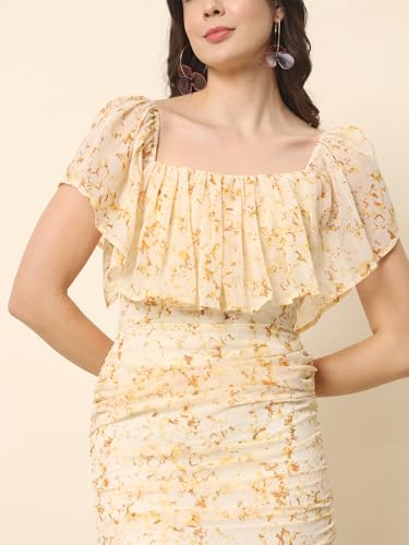 Trend Arrest.ed Women's Off-Shoulder Ruched Mini Dress|Printed Bodycon Dress for Beach, Casual Parties & Summer Outings | Short Sleeve Sheath Fit (2XL) Cream