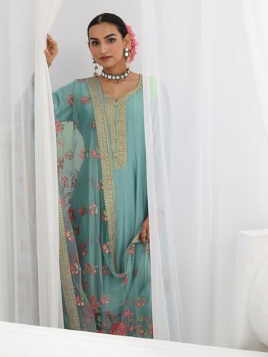Libas Embroidered Silk Blend A-Line Ethnic Dress with Dupatta-93637L Blue