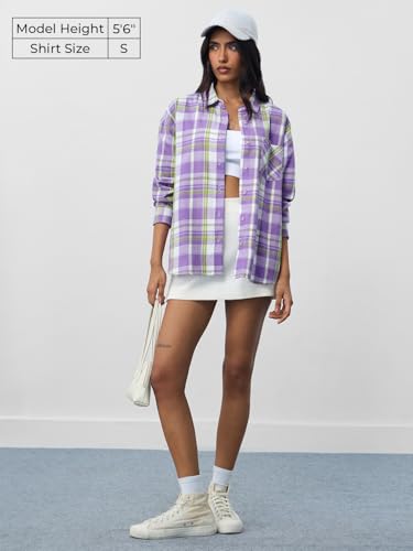 The Souled Store Plaid Shirt: Lilac Women and Girls Long Sleeves Collared Neck Button Front Purple Cotton Boyfriend Shirts
