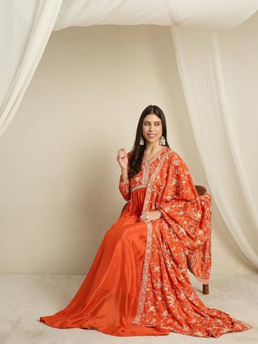 Hoyendiafad Women's Orange Chinon Stitched Gown With Dupatta Full Sleeve Embroidered Anarkali Gown (HFY-1244-Orange-L)