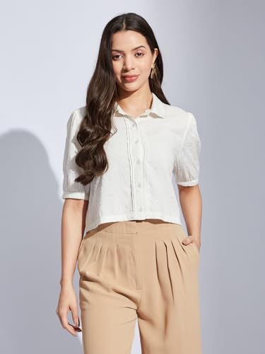 Latin Quarters Women Ivory Collared Half Sleeves Solid Shirt Blouse for Casual Wear_S