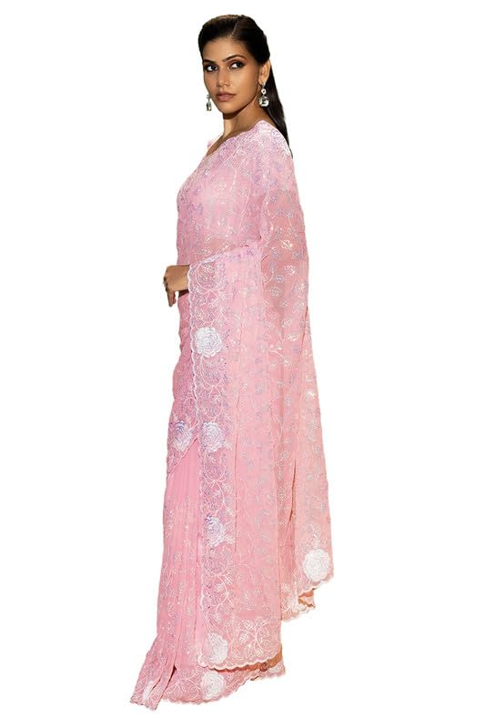 Soch Womens Pink Georgette Saree With Sequins Work