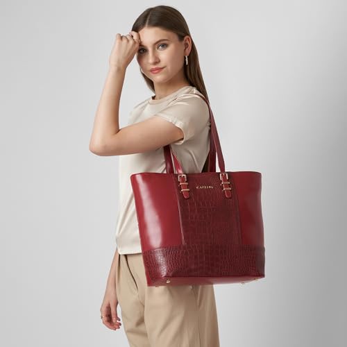 Caprese Macie 16 Inch Large Laptop Compatible Tote Bag for Women | Textured Faux Leather Shoulder Bag with Trolley Sleeve & Zipper Closure | Stylish Office, Work, Travel Handbag (Cherry Lacquer)