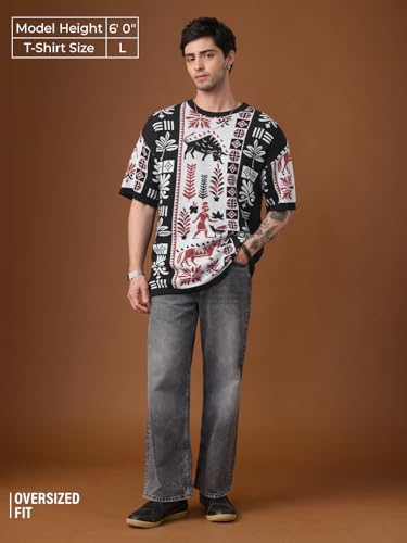 The Souled Store Nomad: Terracotta Men and Boys Short Sleeves Round Neck Black Tribal Graphic Casual Drop Shoulder Streetwear Trendy Oversized T-Shirt