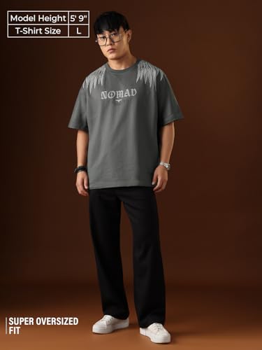 The Souled Store Nomad: Wings Men and Boys Short Sleeves Round Neck Grey Printed Casual Drop Shoulder Streetwear Trendy Super Oversized T-Shirt
