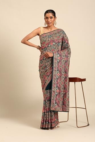 MOHEY Women's Blue Georgette Mirror Work Zari Saree (Blue)