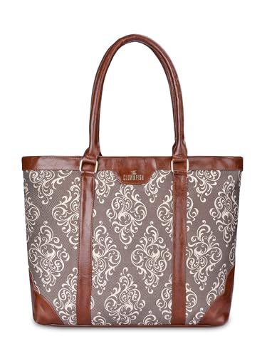 THE CLOWNFISH Miranda Series 15.6 inch Laptop Bag For Women Printed Handicraft Fabric & Faux Leather Office Bag Briefcase Hand Messenger bag Tote Shoulder Bag (Brown)