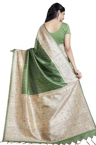 RANI SAAHIBA Women's Printed Art Tussar Silk Madhubani Saree With Blouse Piece (SKR11665_olive Green)