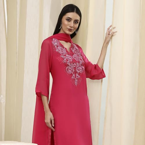 Biba Women Fuchsia Embroidered Straight Suit Set_38