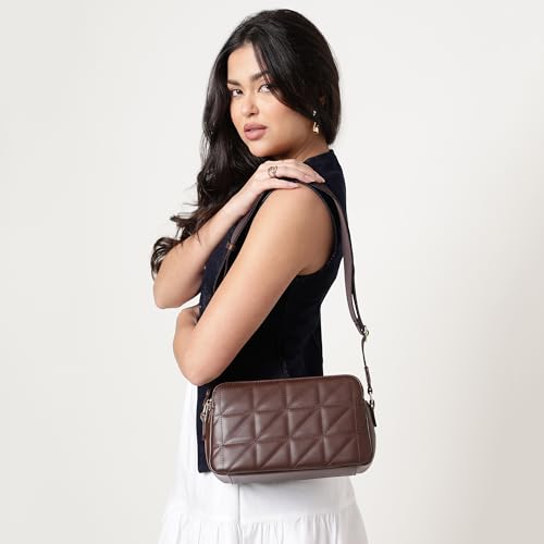 Fastrack Mocha Grid Sling | Faux-Leather Women’s Crossbody Bag | Multi-Compartment Sling with Gold Hardware & Zipper Closure