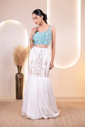 The Behruz Theory Designer Fish Tail Lehenga Set (Teal and Ivory, Medium)