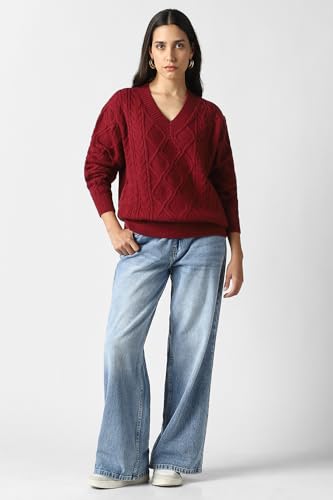 Women Maroon Textured V Neck Sweater