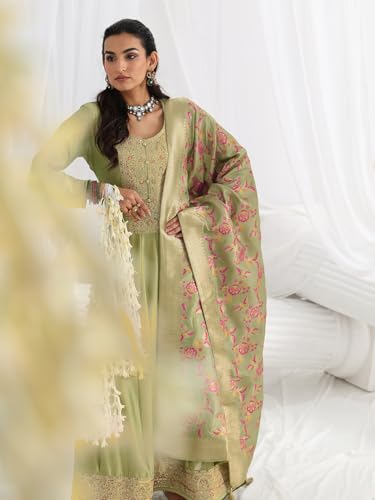 Libas Embroidered Silk Blend A-Line Ethnic Dress with Dupatta-93632L Green