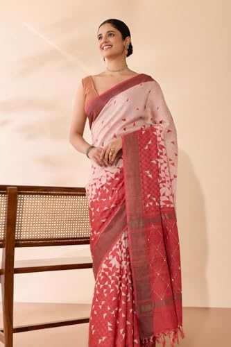 Taneira Women Red Bengal Pure Silk Screen Printed Saree with Unstitched Blouse Piece (SAIH01AC2219-Red)
