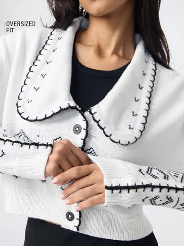 The Souled Store Textured Sweater: Linea Women and Girls Long Sleeves Round Neck White and Black Printed Knitted Acrylic Drop Shoulder Casual Lightweight Casual Winter Oversized Sweater