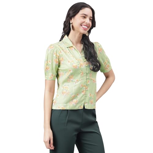 Latin Quarters Women Green Half Sleeve Shirt Collar Floral Top