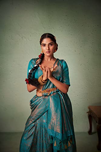 Vardha Women's Kanchipuram Art Silk Saree with Unstitched Blouse Piece - Copper Zari Woven Work Sarees for Wedding (Anvaya_548)