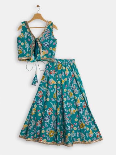 studio rasa Girls Cotton Printed Embellished Bias Lehenga Set for Festive Wedding Party(GLC62502/5-6_Green_5-6 Y)