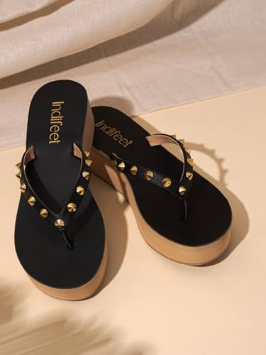 Indifeet Platform Heel Thong Chappals for Women, Black, UK 7