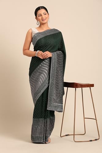 MOHEY Women's Art Silk Wave Patterned Rhinestone Embellished Saree (Bottle Green)