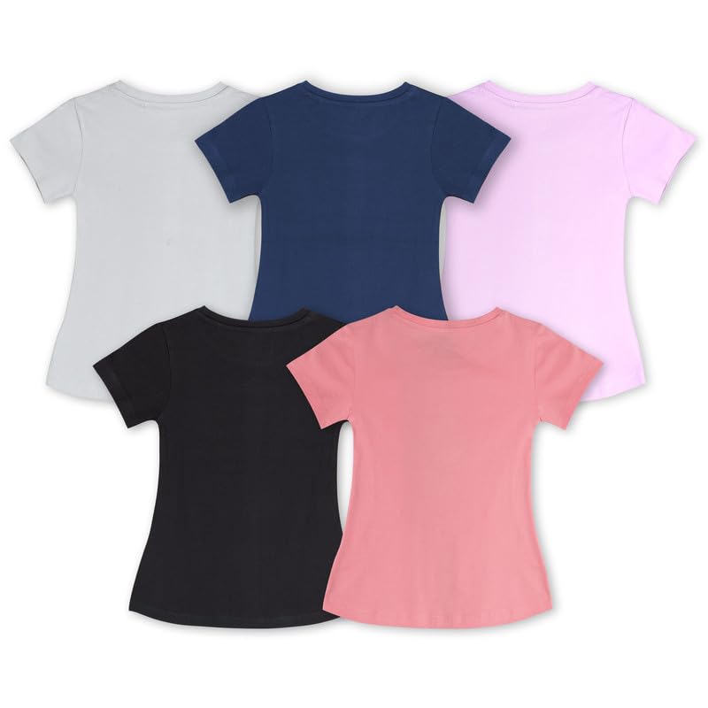 Real Basics Girl's Regular Fit Half Sleeve Tshirts Pack of 5 (RB-G-HTop-P5-1314-Set9_Multicolour_13-14 Years)