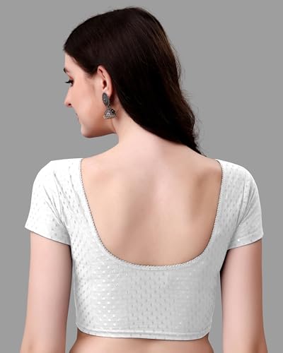 Kipzy Women's Cotton Stretchable Saree Blouse – Round Neck, Short Sleeves, Readymade Slim Fit Blouse for Women (White, 28)