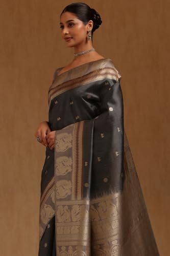 Soch Womens Grey Tussar Zari Woven Saree