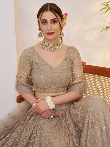 Zeel Clothing Women's Cotton Thread Sequins Work Embroidery Soft Net Lehenga Choli With Dupatta (NFH-2150-Matellic-Grey-Lehenga-Choli; Free size) (Matellic Grey)