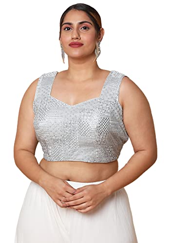 S SALWAR STUDIO Women's Silver Silk Blend Readymade Saree Blouse-PLSSB00044-SLVR