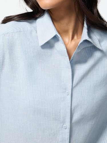 The Souled Store Cotton Linen: Skyven Women and Girls Full Sleeves Spread Collar Blue Striped Regular Fit Lightweight Easy to Style Everyday Office Wear Casual Cotton Linen Shirt