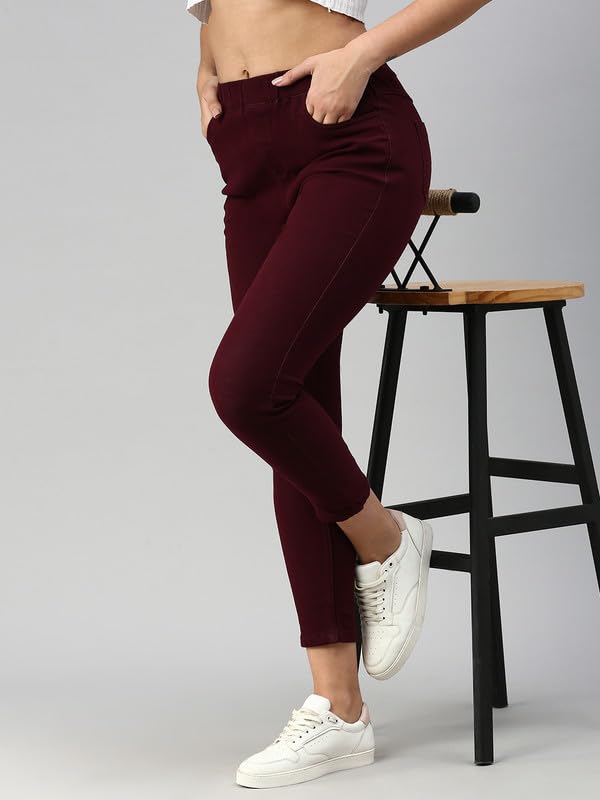 De Moza Women Jegging Woven Bottom Solid Cotton Wine