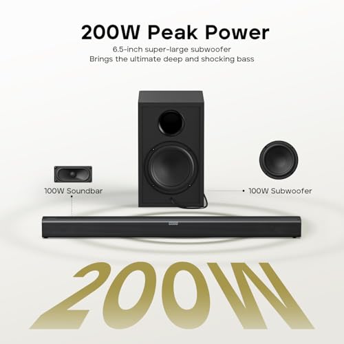 Tribit Soundbar Speaker S1 with Wired Subwoofer for Deep Bass(200W), 2.1 Channel TV Home Theatre, Bt v5.3, LED Display, Multiple Connectivity and 4 EQ Modes, Bass & Treble Control & Remote Control