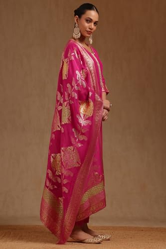 Soch Womens Pink Organza Zari Woven Suit Set With Zardosi