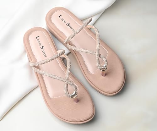 LOUIS STITCH Women’s Slip-On Platform Heel T-Strap Sandals | Open Toe Stylish Peach Pink Wedge Heel Sandal for Ladies, Fashionable and Comfortable Sandal | LSOF-LDPS-GLCSNU | UK-7