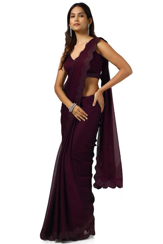 Soch Womens Wine Chiffon Self Print Saree With Stone Work