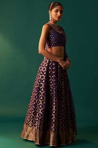 Wishful Women's Purple Zari Embroidered Jacquard Blouse with Flared Skirt and Dupatta Set (SP13158-314521-L)