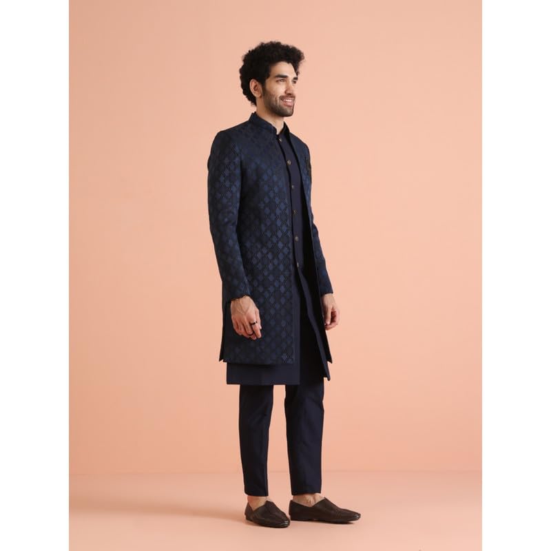 KISAH Mens Jacket Sherwani Trouser Set|Silk Blend Fabric Jacquard Pattern Indo-Western Sherwani Set for Men|Regular Fit Mandarin Collar Long Sleeves, Navy Blue, 44