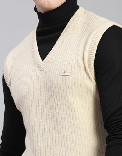 Monte Carlo Mens Beige Solid V Neck Sleeveless Wool Blend Casual Sweater (1230118SL-2638-44)