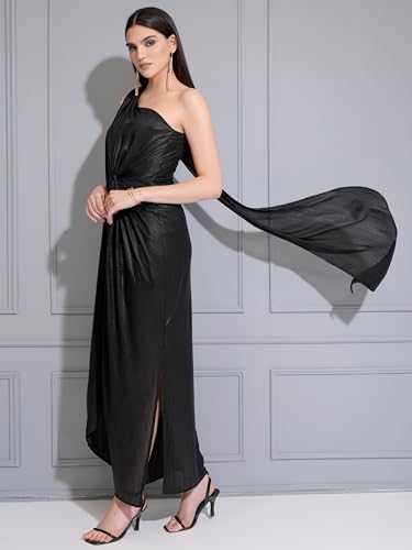 Tokyo Talkies Women Solid Metallic Sheen Drapped Maxi Dress