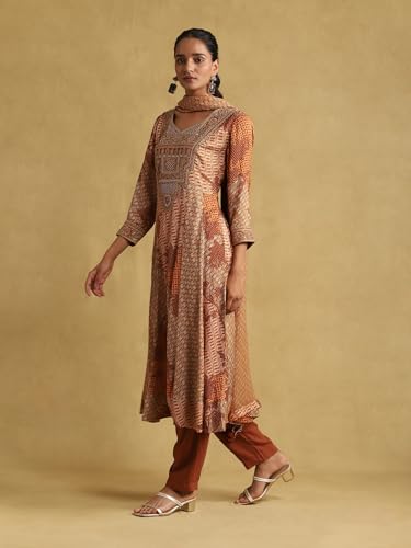 Ritu Kumar Rust Micro Print Embroidered Kurta With Palazzo And Dupatta