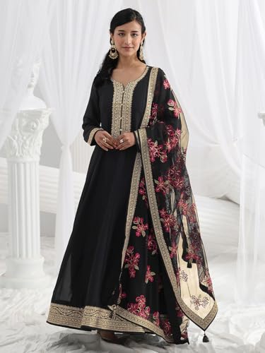 Libas Embroidered Silk Blend A-Line Ethnic Dress with Dupatta-93610L Black