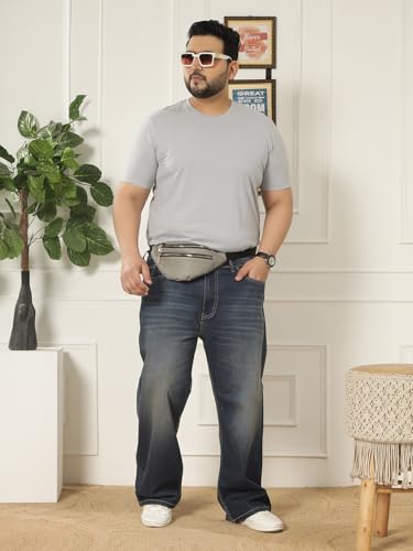 JOHN PRIDE Plus Size Men Regular Fit Solid Short Sleeves Grey Round Neck T-Shirt (JPTSR3501W_6XL_Grey)