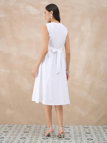 GulaboSitabo Women’s Halter Neck Pure Cotton Sleeveless Knee Length Dress for Women with Button Closure & Belt | Organic Cotton Ready to Wear Casual Party Outfit White