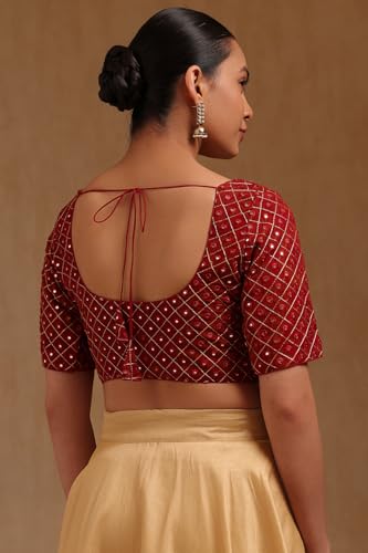 Soch Womens Maroon Georgette Embroidered Padded Blouse with Faux Mirror