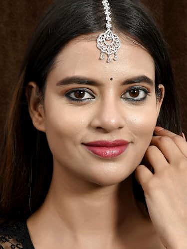 Silvermerc Designs Silver Plated White American Diamond Floral Maang Tikka for women/Girls