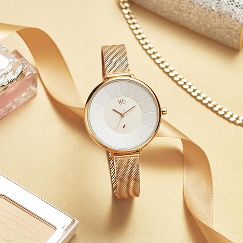 Fastrack Vyb Halo Quartz Analog White Dial Rose Gold Stainless Steel Strap Watch for Girls - FV60016WM01W