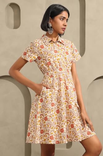 Soch Womens Beige Cotton Botanical Printed Cinched Waist Dress