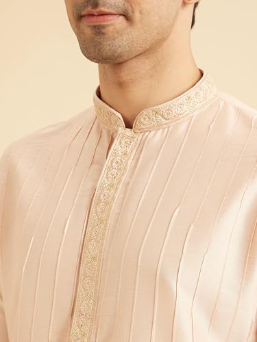 Manyavar Men's Viscose Blend Self Design Kurta Dhoti Set (Peach,XXXL)