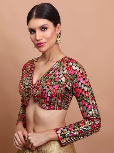 S SALWAR STUDIO Green Georgette Embroidered V Neck Readymade Blouse