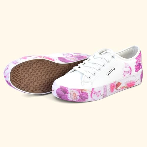 YOHO Aurora Women’s Stylish Floral Design Chunky Sneakers | White - UK 8